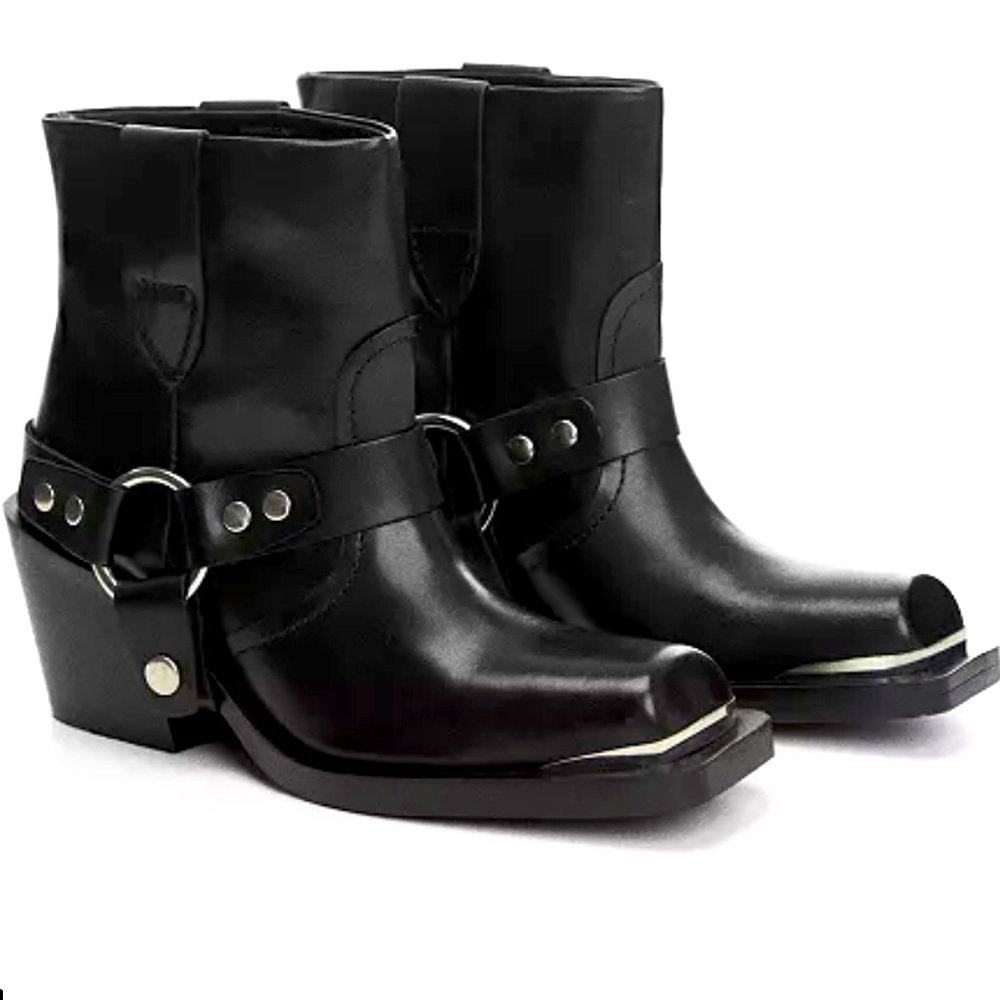 NWT Mango Black Leather Ankle Boots with Silver Accents